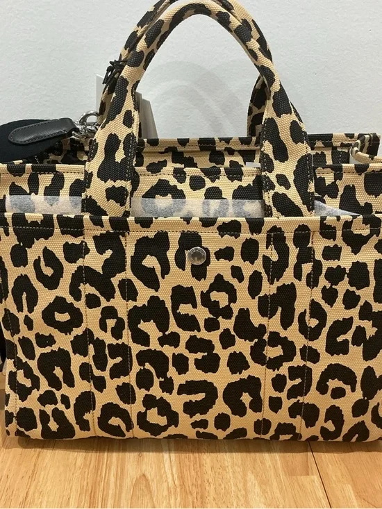 Coach Leopard Canvas Tote Bag 26 in Tan and Black with Embroidered Logo - Picture 3 of 11